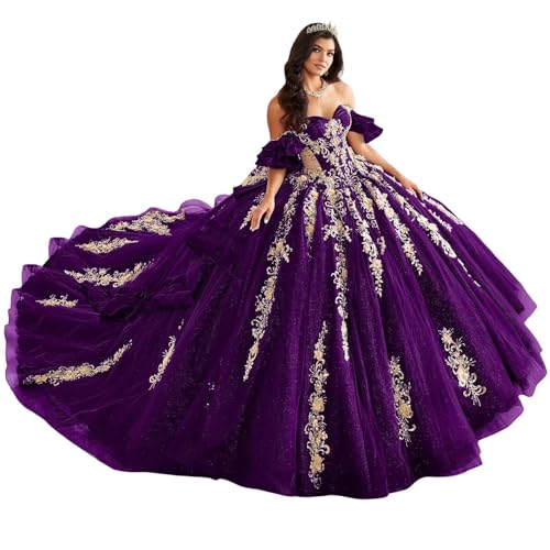 Sparkly Tulle Quinceanera Dresses with Beads Puffy Off Shoulder Ball Gowns Gold Appliques Sweet 16 Dresses