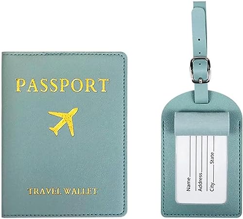 Image of House of Quirk Luggage Tag and Passport Protector Set, Plane Pouch Passport Suitcase Identification Leather Tag Luggage Tags for Children School Bag (Light Green)