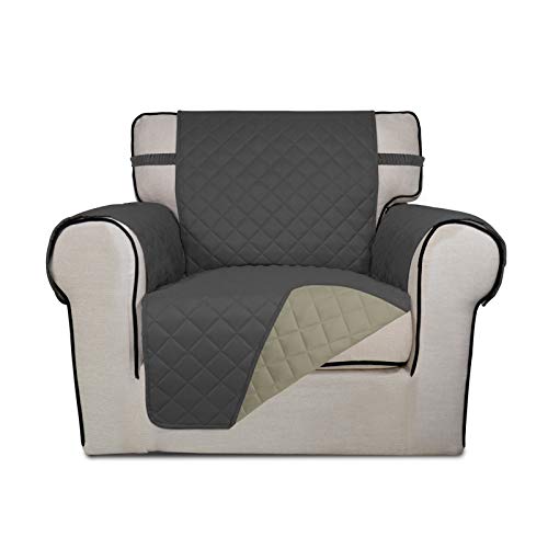 Image of PureFit Reversible Quilted Sofa Cover, Water Resistant Slipcover Furniture Protector, Washable Couch Cover with Non Slip Foam and Elastic Straps for Kids, Dogs, Pets (Chair, Dark Gray /Beige)
