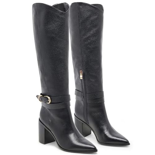 WIRALOMI Knee High Boots for Women Pointed Toe Chunky Heel Boots Metal Buckle Boots with Side Zipper2