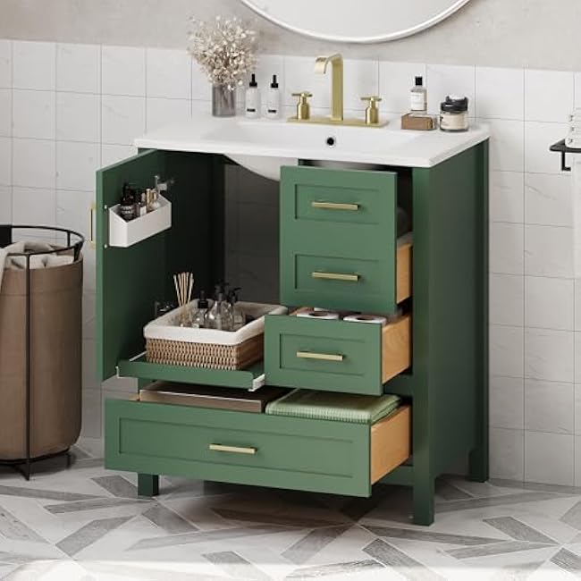 30 Green Bathroom Vanity with Sink Combination Set, Bathroom Storage Cabinet with Soft Close Door, 3 Soft Close Drawers and Removable Tray, Solid Wood e