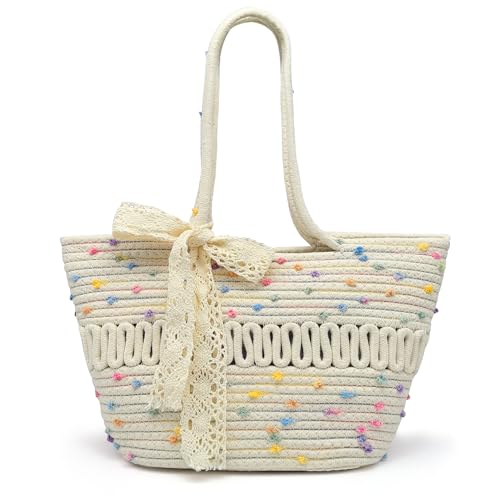 Pahajim Tote Bag Handtasche Geflochten Damen Shopper Tasche Umhängetasche mit Reißverschluss Korbtasche aus Baumwollseil