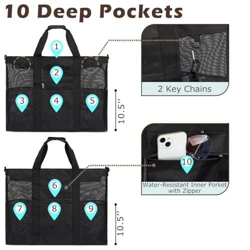 Extra Large Mesh Beach Bag for Family, Pool Travel Tote Bag with Zipper Closure, 10 Pockets, Sandproof Bottom4