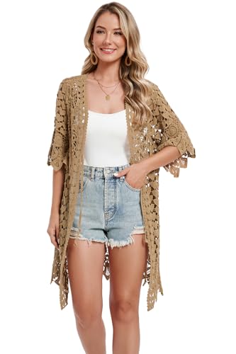 Women's Hollow Out Lace Kimono Short Sleeve Crochet Cardigan Cover up4