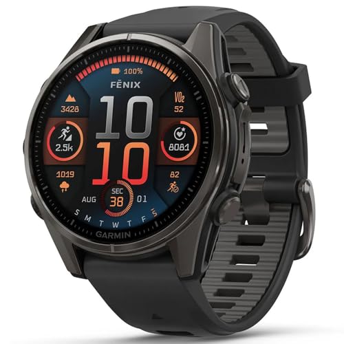 Image of Garmin Fenix 8 43mm AMOLED Sapphire Multisport GPS Smartwatch, Carbon Gray Titanium with Black Silicone Band, 010-02903-20 - Bundle w /Deco Essentials Charging Dock, Dust Cover and USB-C Cable