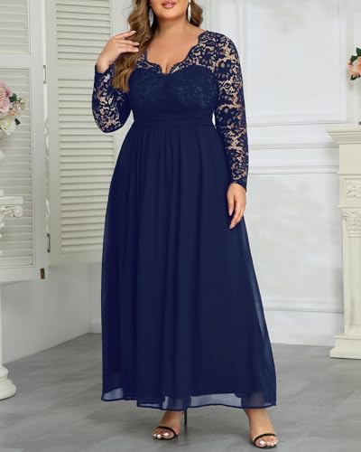 Image of Talisea Plus Size Formal Wedding Dresses - Gowns Evening Prom Elegant V Neck Long Sleeve Lace Chiffon Long Maxi Dress