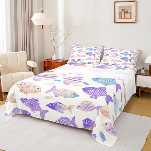 Image of jejeloiu Fish Bed Sheets Set Full Size Ocean Sea Animal Deep Pocket Fitted Sheet Marine Theme Bedding Sets Marine Theme Soft Bed Set 4Pcs with 2 Pillow Cases