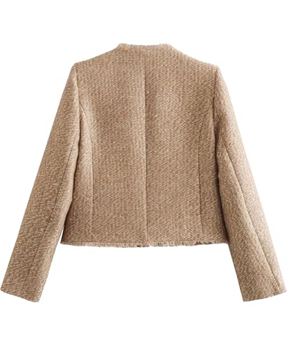 Womens Cropped Tweed Jacket Long Sleeve Button Down Casual Blazer Jacket Short Coat with Pockets2