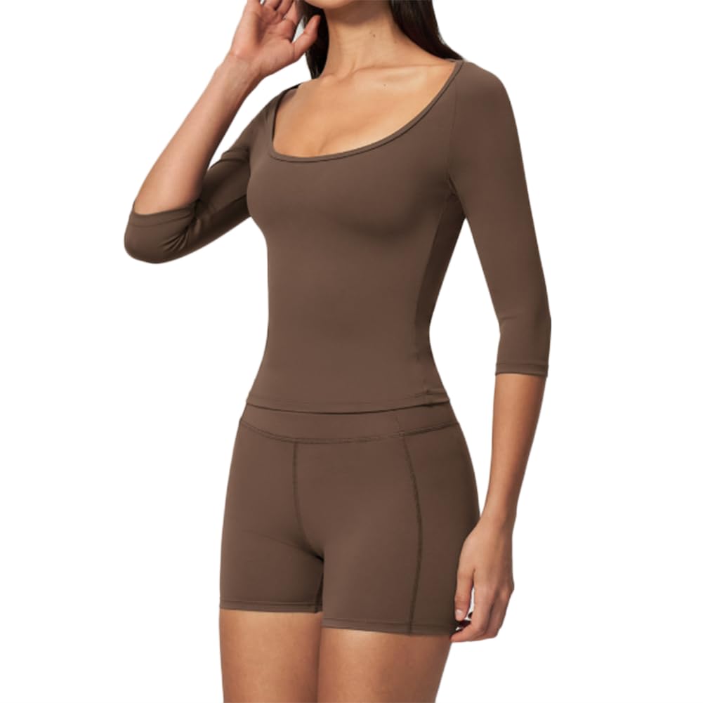 Top maniche mezze e shorts yoga a vita alta sollevaglutei | Top corto scollo a U maniche tre quarti con shorts yoga a vita alta sollevaglutei, tessuto stretch ad asciugatura rapida