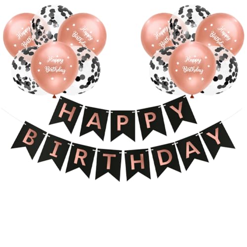 Women Happy Birthday Banner Balloons Black Rose Gold Happy Birthday Party Banner Bunting Women Girls Happy Birthday Party Banners Bunting Decorations Including 12pcs 12” Black Rose Confetti Balloons