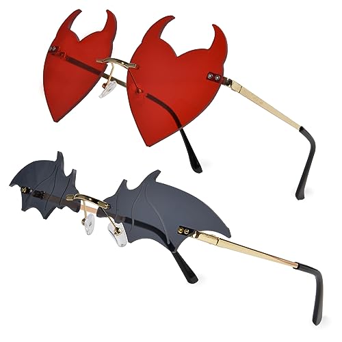 QZUnique Halloween Bat/Heart Sunglasses for Women - 2 Pairs Halloween Rimless Glasses Devil Heart Sunglasses Goth Accessories