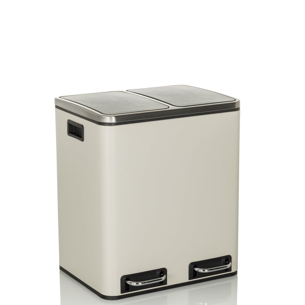 hjh OFFICE Cubo de basura 2x15L CLEAN IX Sistema de separación de residuos con 2 compartimentos, cubo de basura de pedal con cierre suave, metal beige