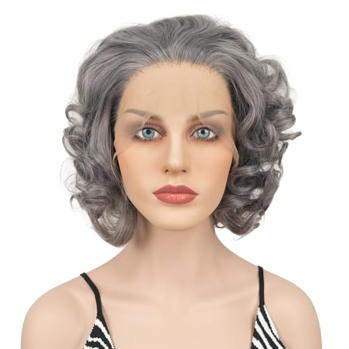 Wiginway Grey Adults Old Lady Wig, 13x3 Lace Front Curly Wigs, Granny Hair, Cosplay Party Wig 12 inch, Grey