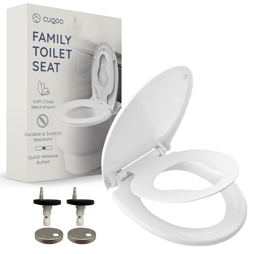 CUQOO Soft Close Toilet Seat - Premium Heavy Duty with Quick Release Easy Installation with Two Top Fixing Options and Adjustable Hinges All-in-One Family Comfort Toilet Seat