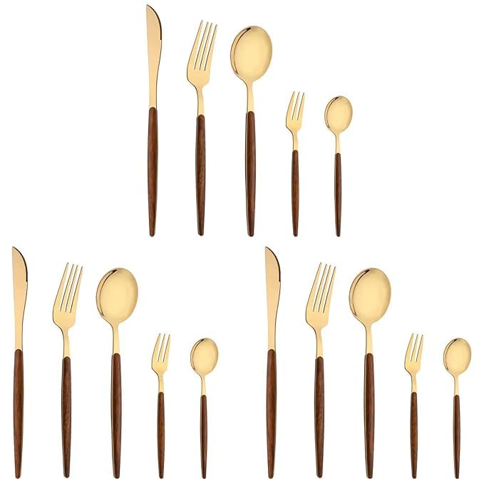 Image of aDai 15 pcs Golden Flatware Cutlery Set - Stainless Steel with Wooden Handle Tableware Set - 6 Spoons, 6 Forks & 3 Steak Knife