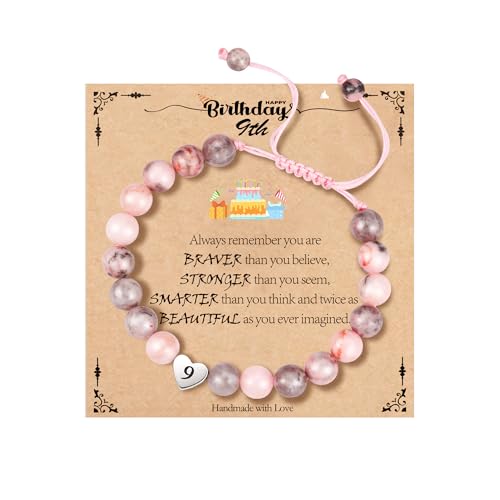 Image of WEDDINEN 5-14 Year Old Birthday Gifts for Girls, Adjustable Pink Nature Stone Heart Bracelet with Message Card for Daughter Granddaughter Niece Sister Friend