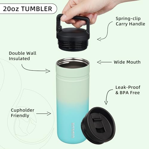 Image of BJPKPK 20 oz Insulated Travel Water Bottle, Coffee Tumbler Stainless Steel | Double Wall Vacuum, Leakproof, Thermal, Keeps Hot /Cold, BPA Free, Dishwasher Safe, Spill Proof, Wide Mouth, 2 Lids, Mint