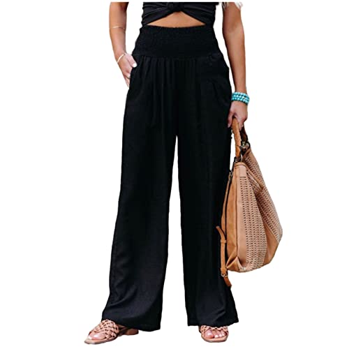SHENGANG Pantalones casuales de pierna ancha para mujer, pantalones de loto y luna, pantalones elásticos de cintura alta, pierna ancha, pantalones de yoga con bolsillos, Negro, 27-32