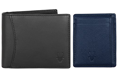 WILDHORN Leather Men's Wallet (WH1173), Black Wallet + Blue Safiano Card Case, Classic