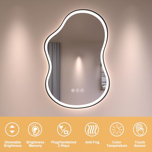 Image of WTTY LED Irregular Bathroom Mirror 20x36 Inch with Front & Back Lights - Asymmetrical Design, Anti-Fog, Dimmable 3 Color Temperatures, Shatterproof Glass, Horizontal or Vertical Mount (Black Frame)