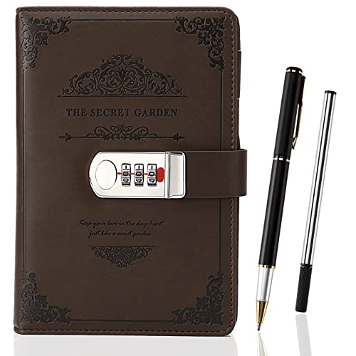 XIYUNTE A5 Diarios con Cerradura y Bolígrafo, Cuaderno Notas de Cuero con Cerradura y Caja de Regalo, Diario Secreto Vintage con Cerradura de Combinación para Niña, Niño, Adultos, Marrón Cover