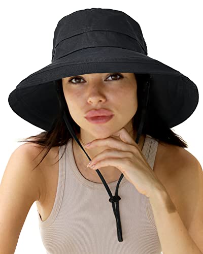Sun Hats for Women Gardening Hat Wide Brim Ponytail Beach Sun Protection Breathable Cotton Summer Hat with Fold-Up Brim Black