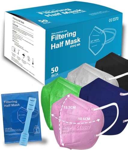 Tayogo Mascarillas FFP2 Colores NR 50 uds, Respirador Mascarilla Homologadas CE, 5 Capas, Alta Filtración, Desechable de Proteccion Personal, Envase Individual, Filtración ≥ 95% para Adultos