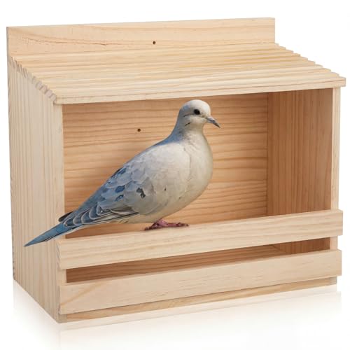 Briwooody Wooden Open Mourning Dove Nesting Box for Outside Dove Bird House 11 H x 14 W x 6 L Inches Bird Nesting and Roosting Platform Hanging Birdhouse Garden Decoration (Flat Roof, Light Brown)