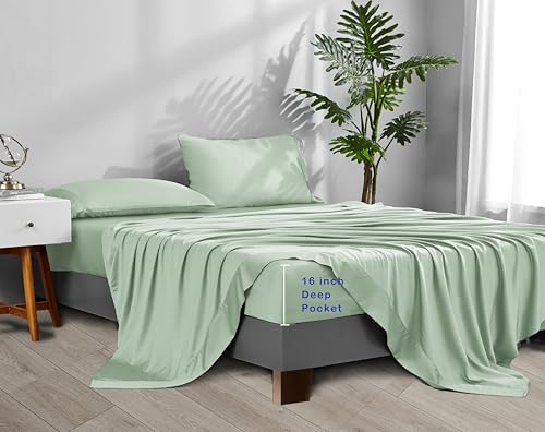 Image of ACCURATEX Cooling Sheets for Hot Sleepers, Split Cal King Size,Sage Green | Viscose Made from Bamboo, 5 Pcs Silky Soft Sheet Set, Breathable Cool for Night Sweats, up to 16 inches Deep Pockect