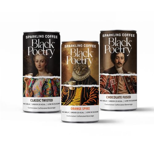 Image of Black Poetry Sparkling Coffee Variety Pack of 3 - 185ml Each | 1 Each of Classic Twisted, Orange Spiked & Chocolate Fused Flavours | 100% Arabica Cold Brew | Ready-to-Drink Black Coffee | Low Sugar
