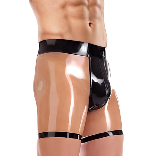 IOKUKI Latex-Boxershorts für Männer,Transparente Latexshorts mit Schwarz trimmen und Reißverschluss am Schritt-L
