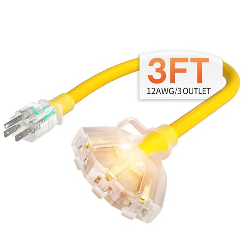Deeklify 3 ft 12 Gauge Heavy Duty 3 Outlet Extension Cord Splitter with Indicator Waterproof Outdoor Extension Cord with Multiple Outlets 15A 1875W for Workshop ETL Listed Flexible Yellow SJTW
