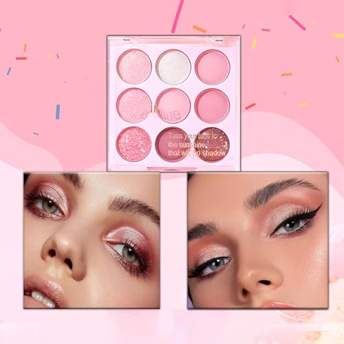 Pink Eyeshadow Palette Make-Up Palettes, Shimmer Eye Shadow Pallets for Women, Glitter Eyeshadow 9 Colour Nude Natural, Waterproof Long Lasting Highly Pigmented with Brush - Image 6