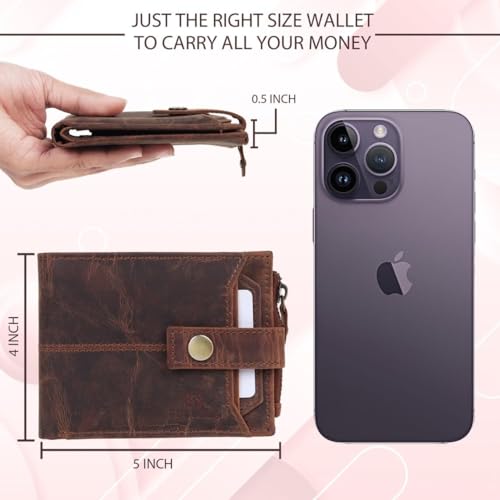 Vintage Leather Bifold Wallet for Men, Brown Distressed Leather, Slim Front Pocket Design with Snap Closure, RFID Protected3