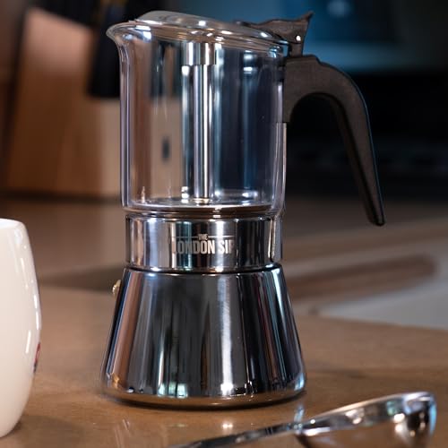 Image of The London Sip Glass and Stainless Steel Stovetop Espresso Maker Moka Pot Italian Coffee Percolator, Glass, Small (5.07 oz)