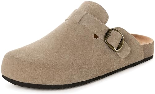 Image of Genuine Suede Clogs Womens Mens Cork Footbed Sandals Potato Shoes | Unisex Suede Leather Mules ,Arch Support,Adjustable Metal Buckle,Cork and Rubber,Wonderful Quality