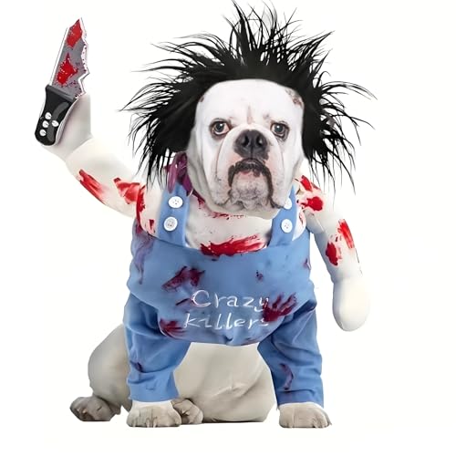 Dog Halloween Costume, Funny Chucky Dogs Costumes Outfit with Knife Wig, Dogpool Clothes Fancy Dress Cosplay for Pet Small Medium Large Cat & Doggy Puppy Sausage Pug French Bulldog(L) Kaempe
