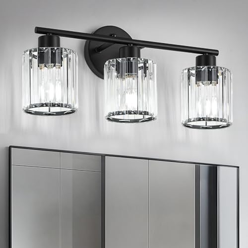 Image of Modern Black Crystal Bathroom Light Fixtures,3-Light