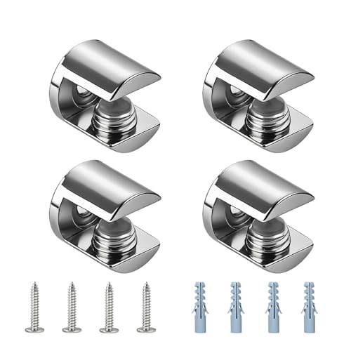 Mooche 4 Pièces Pince à Verre pour Étagère en Alliage Métallique, Support Universel pour Verre 6-10 mm, Fixation Murale Invisible pour Étagère en Verre...