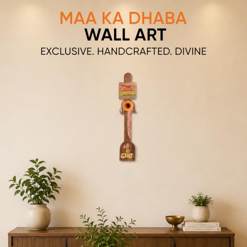 Image of Aakriti Art Creations Kitchen Decor inchMaa ka Dhaba inch Handcrafted in Wood, Madhubani Art Wooden Wall Hanging Panel Set of 1, Natural Brown Wall Decor Panel | Matte Finish Wooden Wall Art