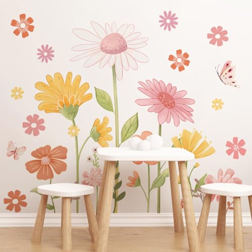 Image of LOONELO Boho Flower Wall Stickers, Daisy Butterfly Wall Decals, PVC Waterproof Self Adhesive Floral Retro Art Clings for Bedroom Living Room TV Wall Office Decor Home Decoration