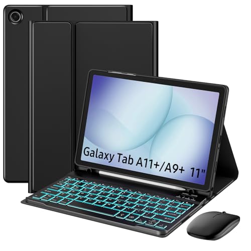 MoKo for Samsung Galaxy Tab A11 Plus/A9 Plus 11 Case with Keyboard & Mouse (2026/2024) - 7 Color Backlit Detachable Wireless Keyboard Cover with S Pen Holder for Galaxy Tablet A11+/A9+ Case Black