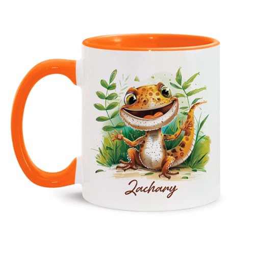 Personalized Name Gecko Design Mug, Adorable Gecko Ceramic Cup 11oz 15oz, Customized Animal Themed Mug For Children, Custom Gecko Enthusiast Coffee Cup Gift, Reptile Animal Decorative Mug