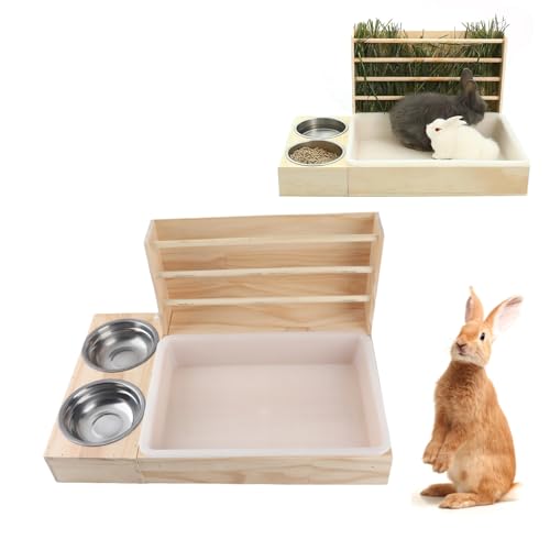 Large Rabbit Feeder with Litter Box and 2 Bowls, Rabbit Hay Feeder,Wooden Hay Feeder, Animals Grass Food Rack for Guinea Pig Bunny Other Small Animals - Image 4