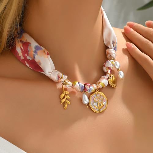 Silk Scarf Necklace for Women Adjustable Bandana Choker with Pearl 18K Gold Charms,Boho Beach Ceramic Jewelry Leaf Butterfly Starfish Coin Pendant Summer Holiday Jewelry2
