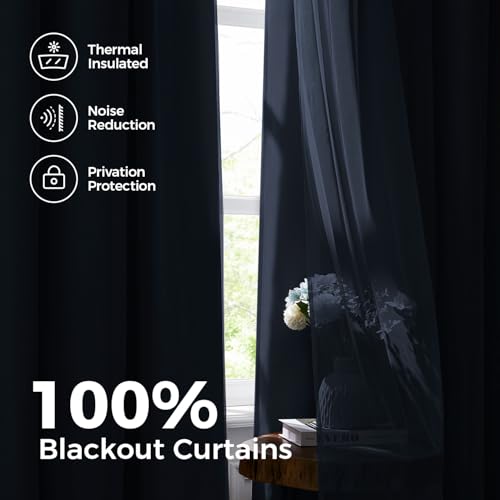 Image of 100% Blackout Curtains for Bedroom, Double Layer Navy Blue Curtains, Black Out Curtain 72 inch long With Sheer Overlay for Living Room, Room Darkening Window Drapes with Grommet, 52 inchW x 72 inchL