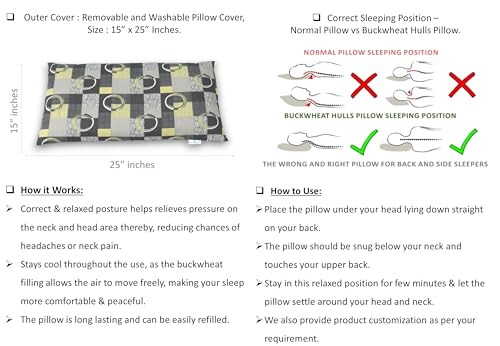 Image of Buckwheat Hulls Pillow | Standard Size | 15 inch x 25 inch inch | Pillow for Neck Pain | Shoulder Pain | Back Pain | Other Sleeping Problem | (Grey & Yellow Circle Design)