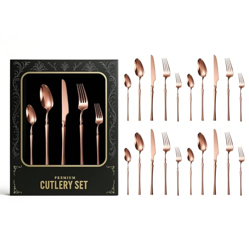 Image of aDai Mirror Finish 20-Piece Korean Vintage Style Flatware Set with Gift Box | Dishwasher Safe Stainless Steel Cutlery for Home, Restaurant & Gifting (Rose Gold)