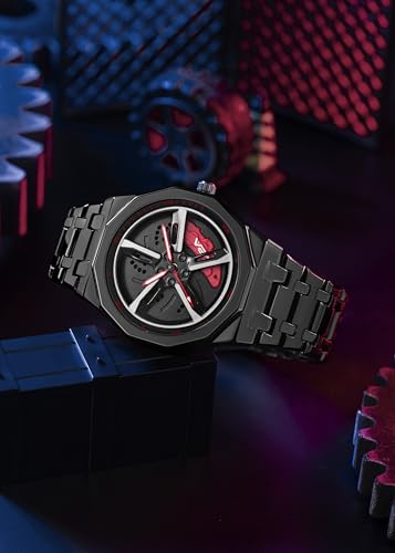 Image of V2A Vortex Men's Spinning Car Wheels Watch for Men- Octagonal Alloy Case with Stainless Steel Band | Analog Timepiece | Bold Sports Watch for Car Enthusiasts