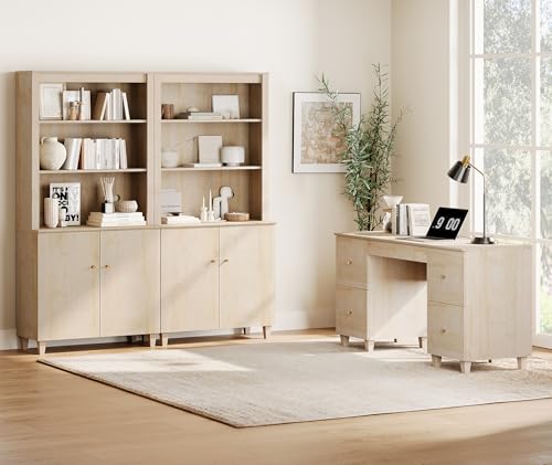 Image of WAMPAT 58 Inch Wood Desk with 4 Deep Drawers & Charging Station, Light Oak | Modern Executive Desk with Keyboard Storage Drawer, Home Office Large Wooden Computer Desk, Work & Study Writing Desk